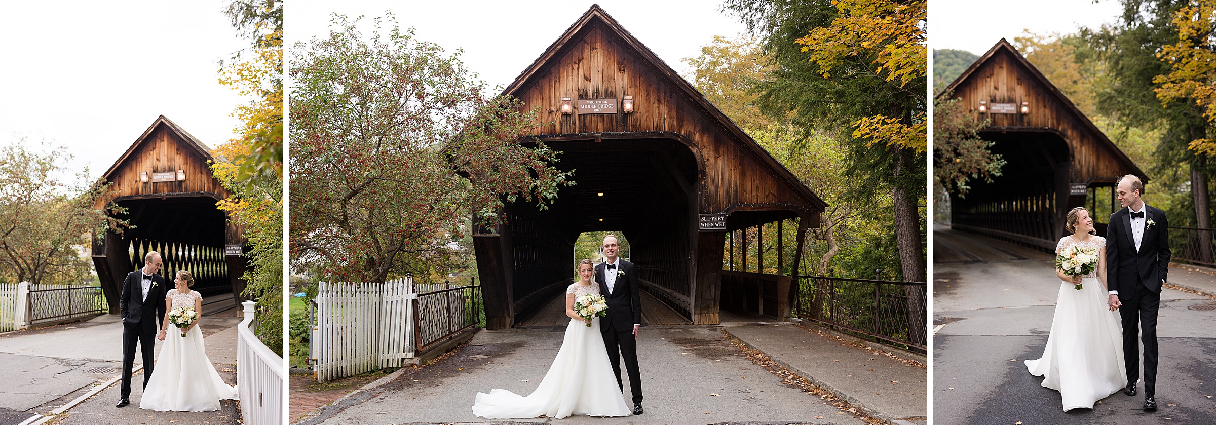 bride and groom portrait in front of vermont covered bridge