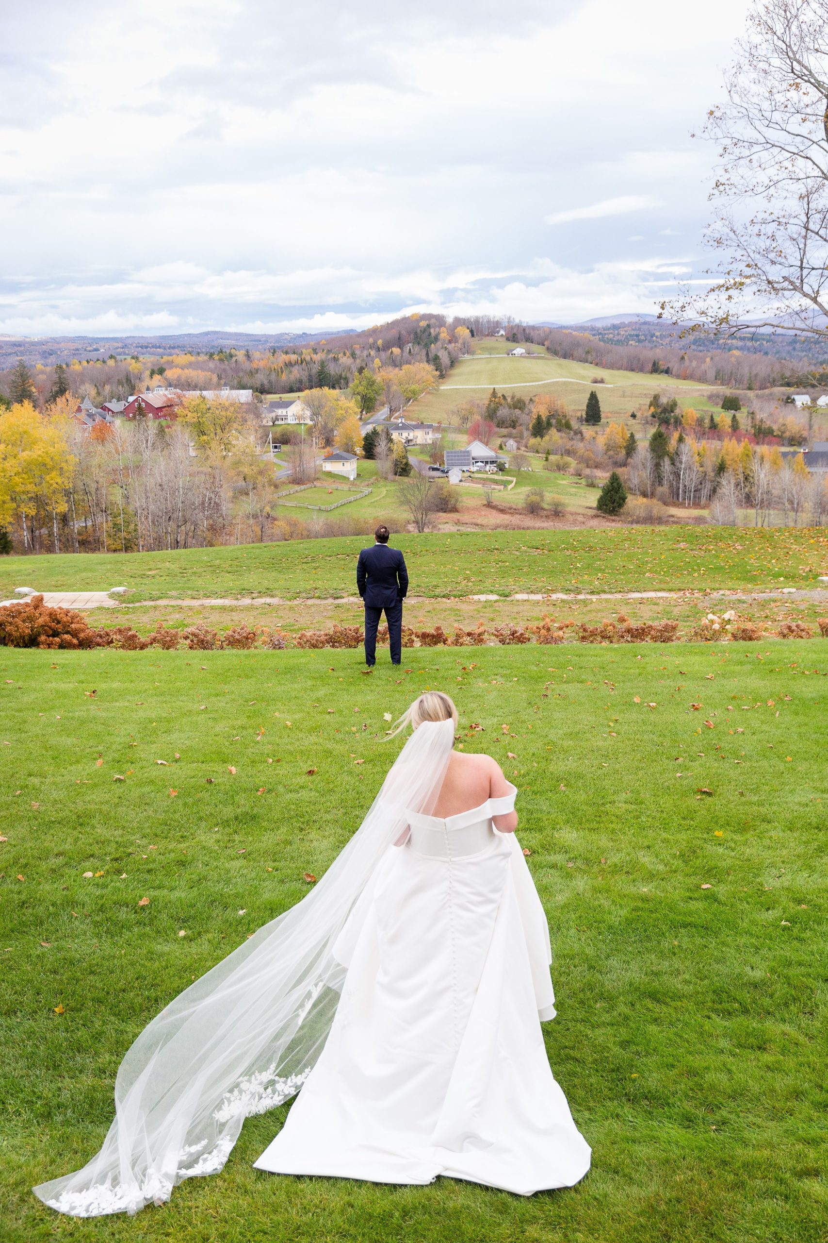 Vermont fall wedding mountain view first look at The Inn at Burklyn
