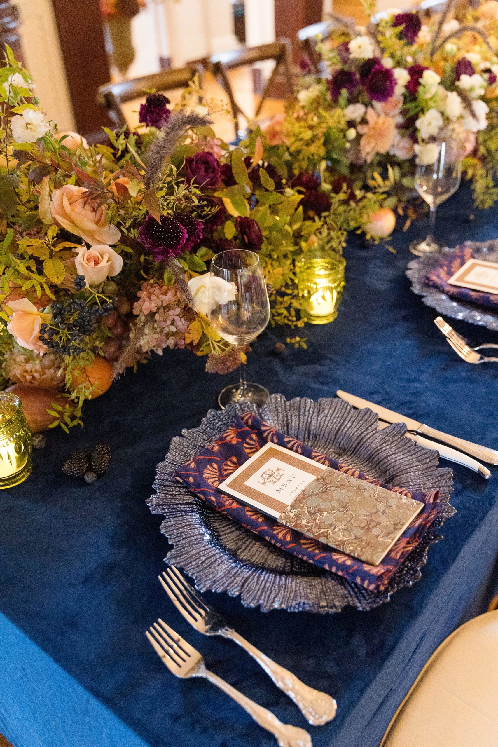 Navy table setting decor for small wedding at The Inn at Burklyn