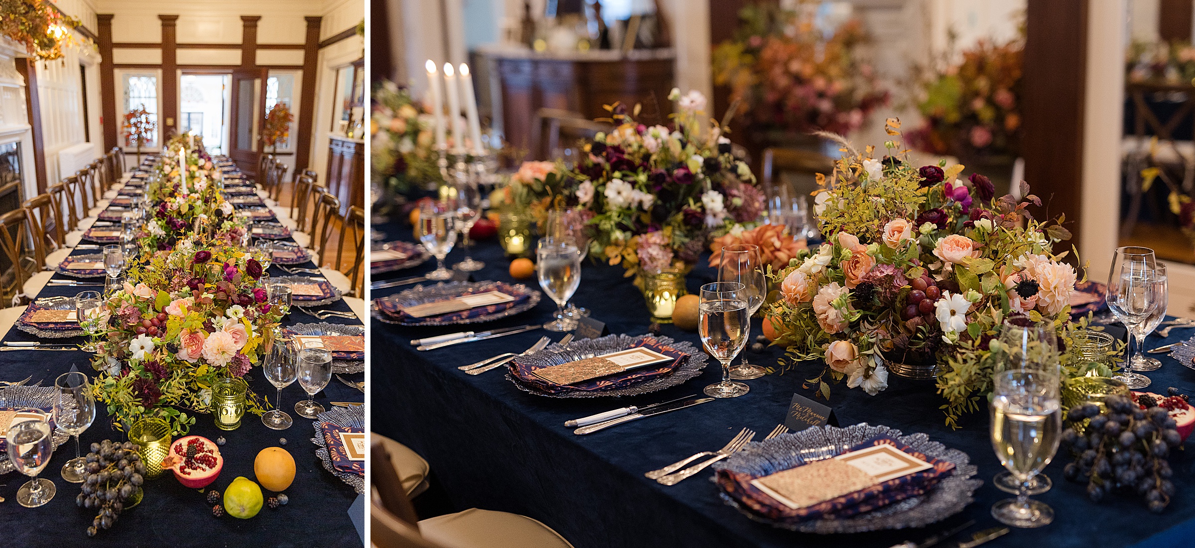 Navy table setting decor with pink flowers for small wedding at The Inn at Burklyn