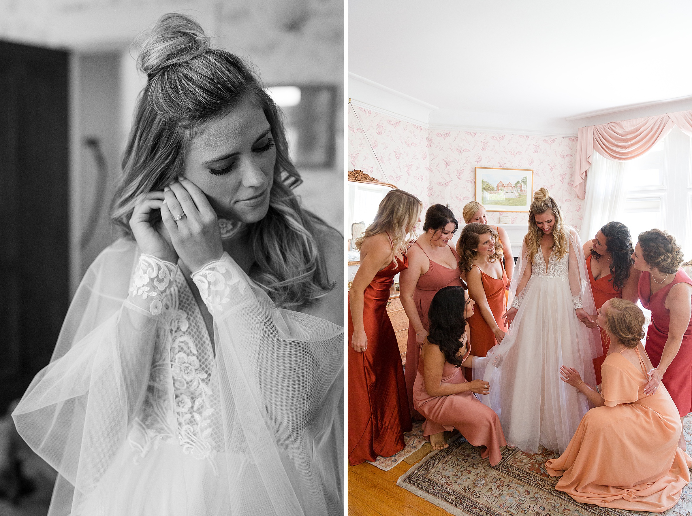 bride and bridesmaids getting ready for vermont summer wedding