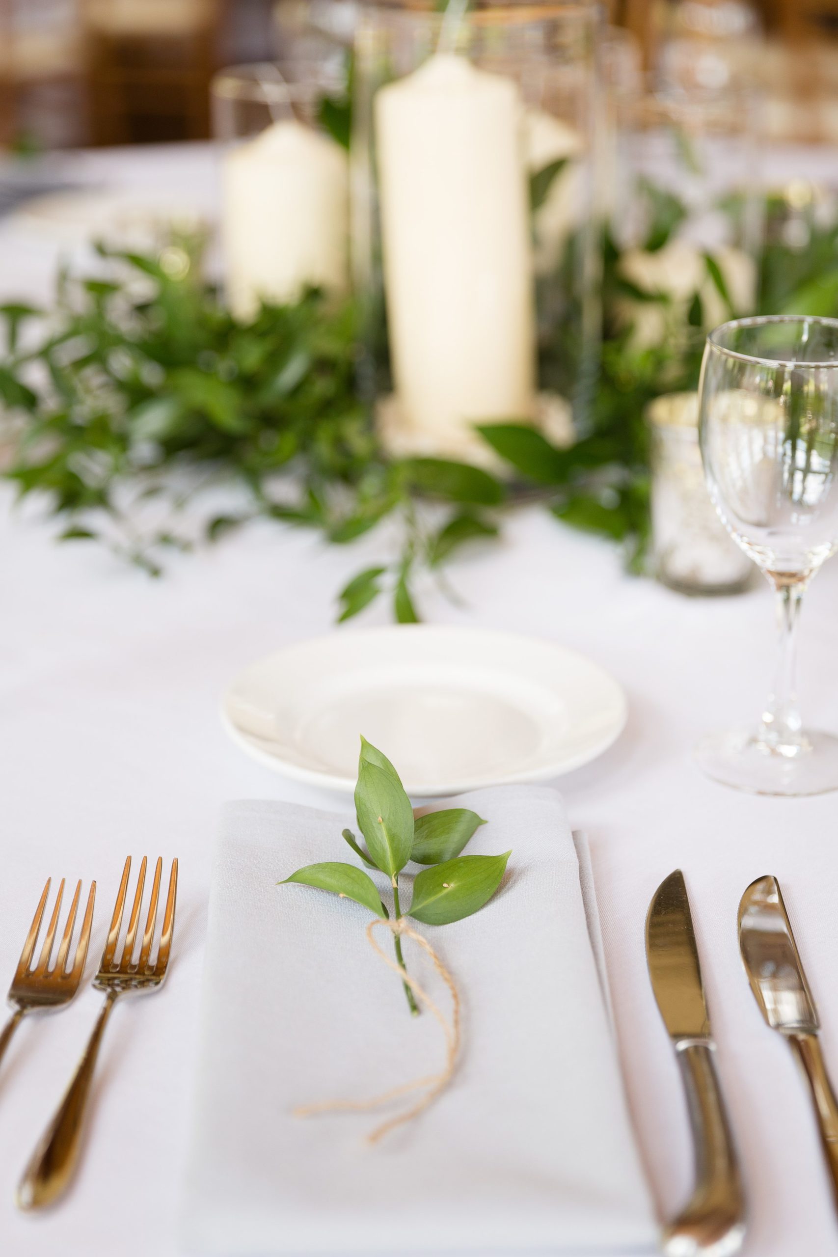 Wedding tablescape with small greenery for Sugarbush Resort Wedding
