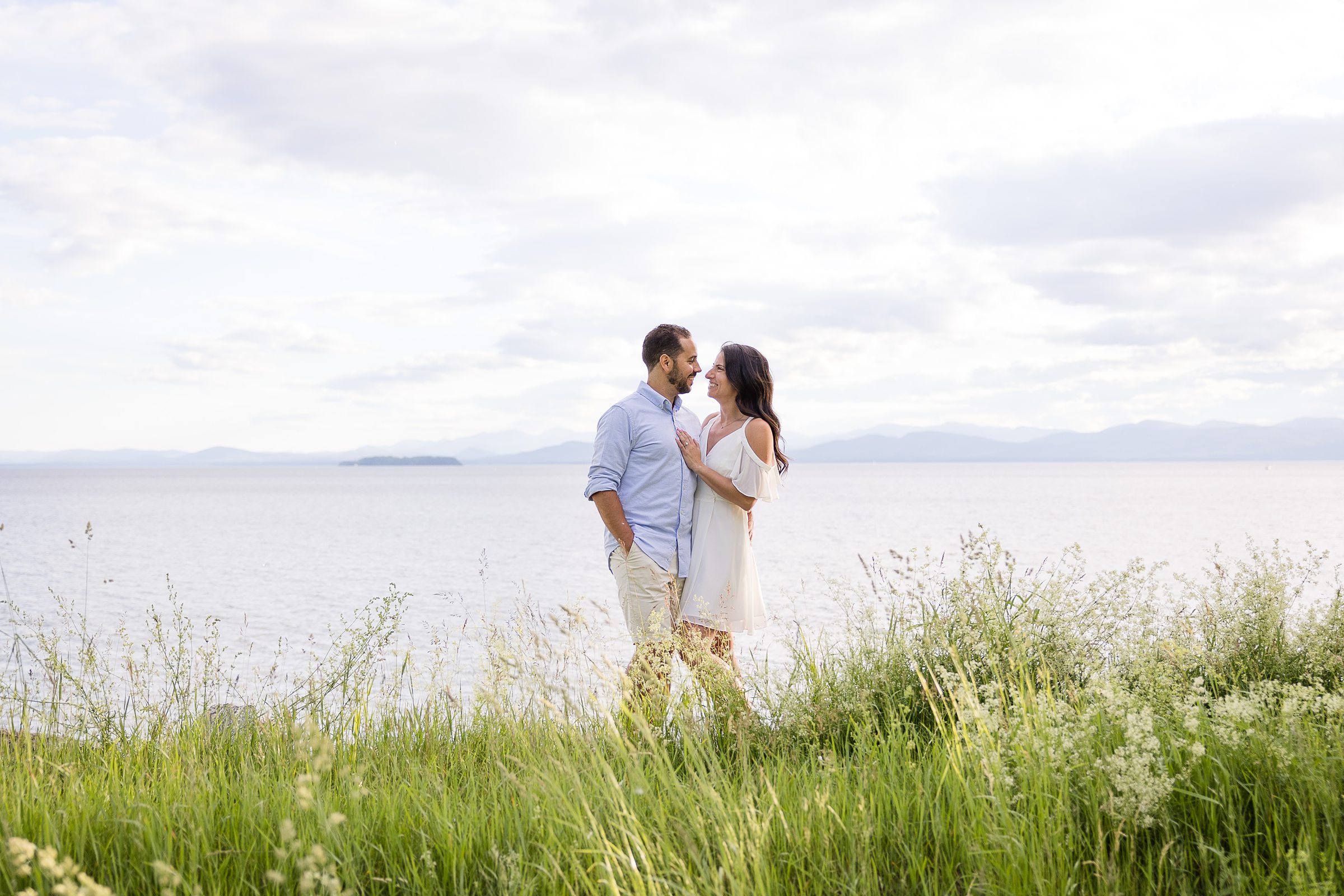 Lake Champlain engagement photos with mountain views