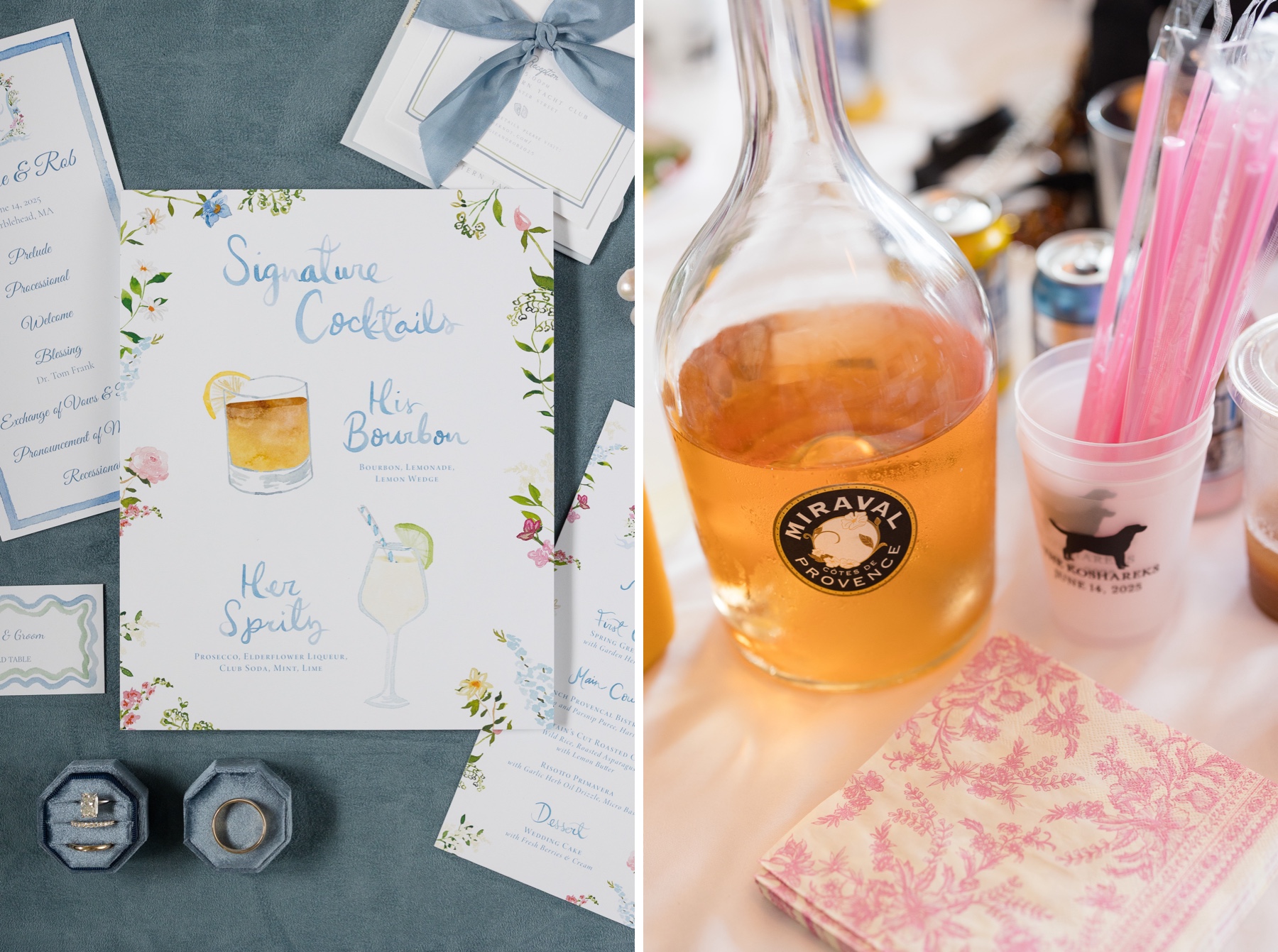 flatlay of wedding cocktail menu and detail shot of bar items