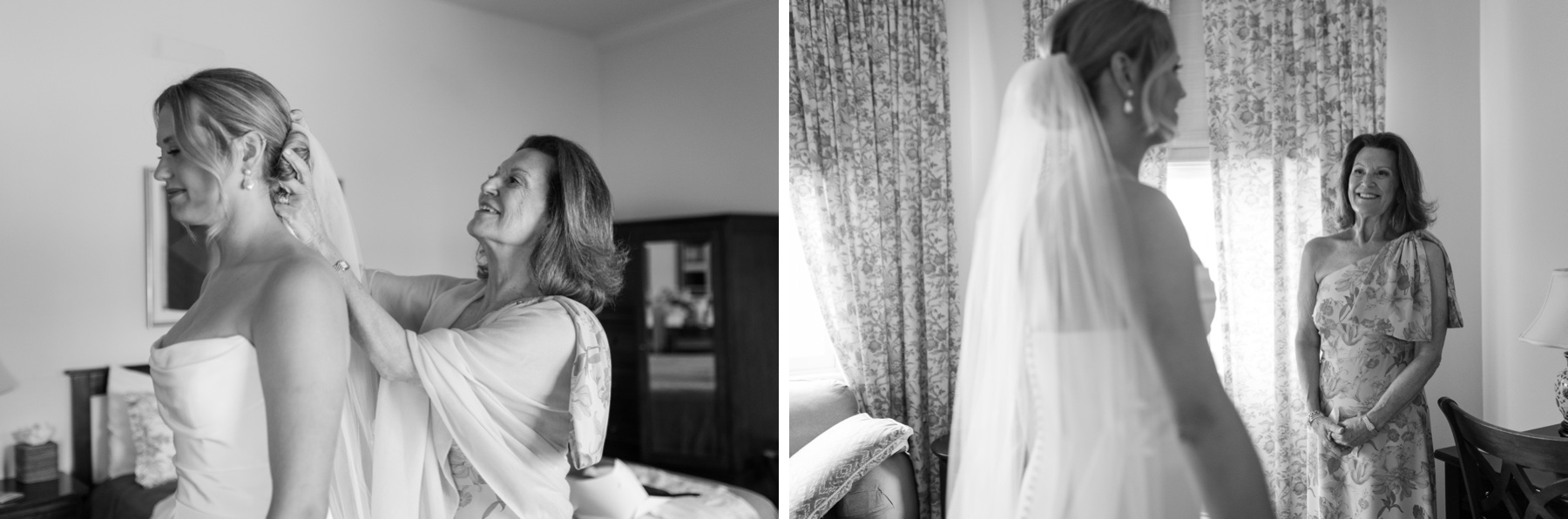 mother of the bride putting the veil in her daughter's hair
