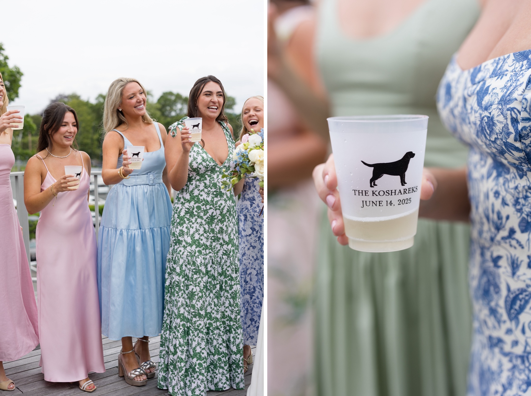 bridesmaids wearing pastel floral dresses cheersing champagne