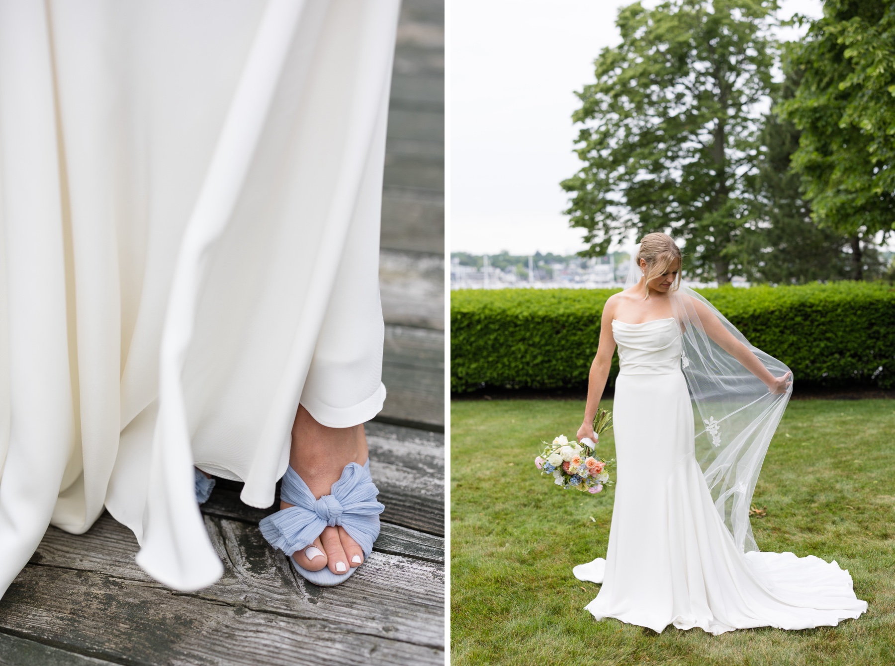 close up photo of bride's blue shoes and of her standing in her dress holding her veil