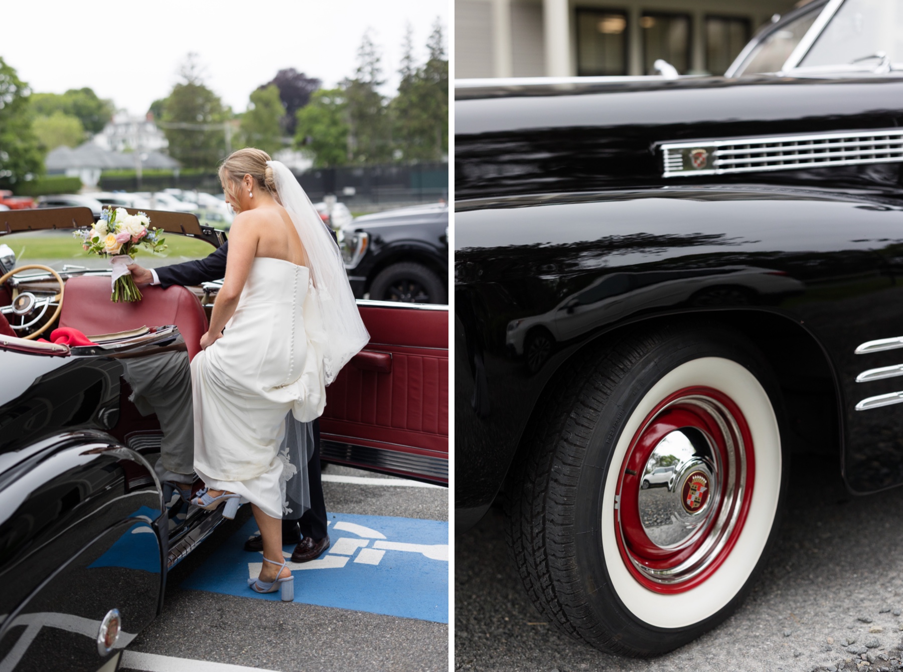 bride stepping into vintage car before the wedding ceremony