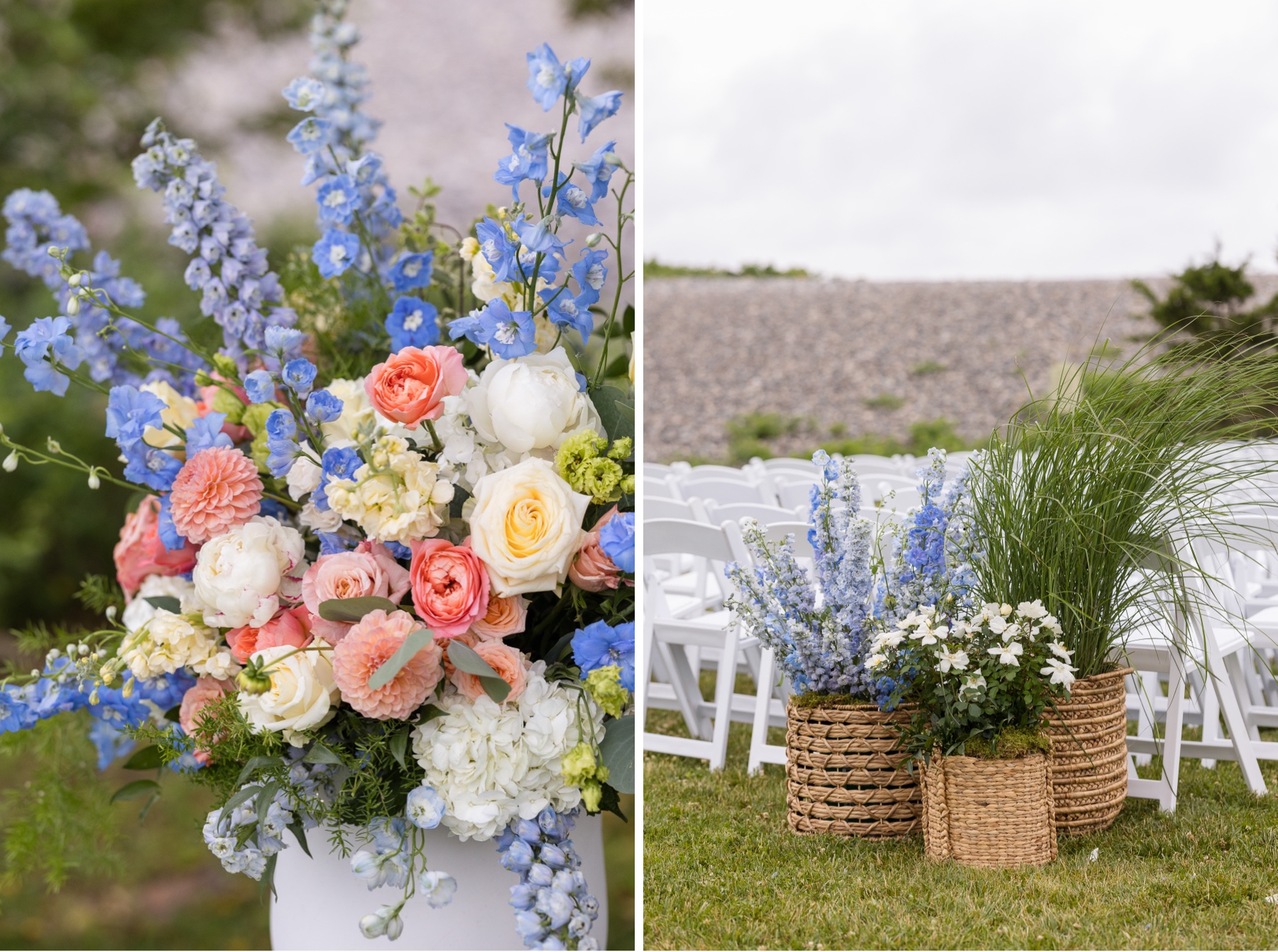 wedding ceremony with white chairs and bright floral arrangements