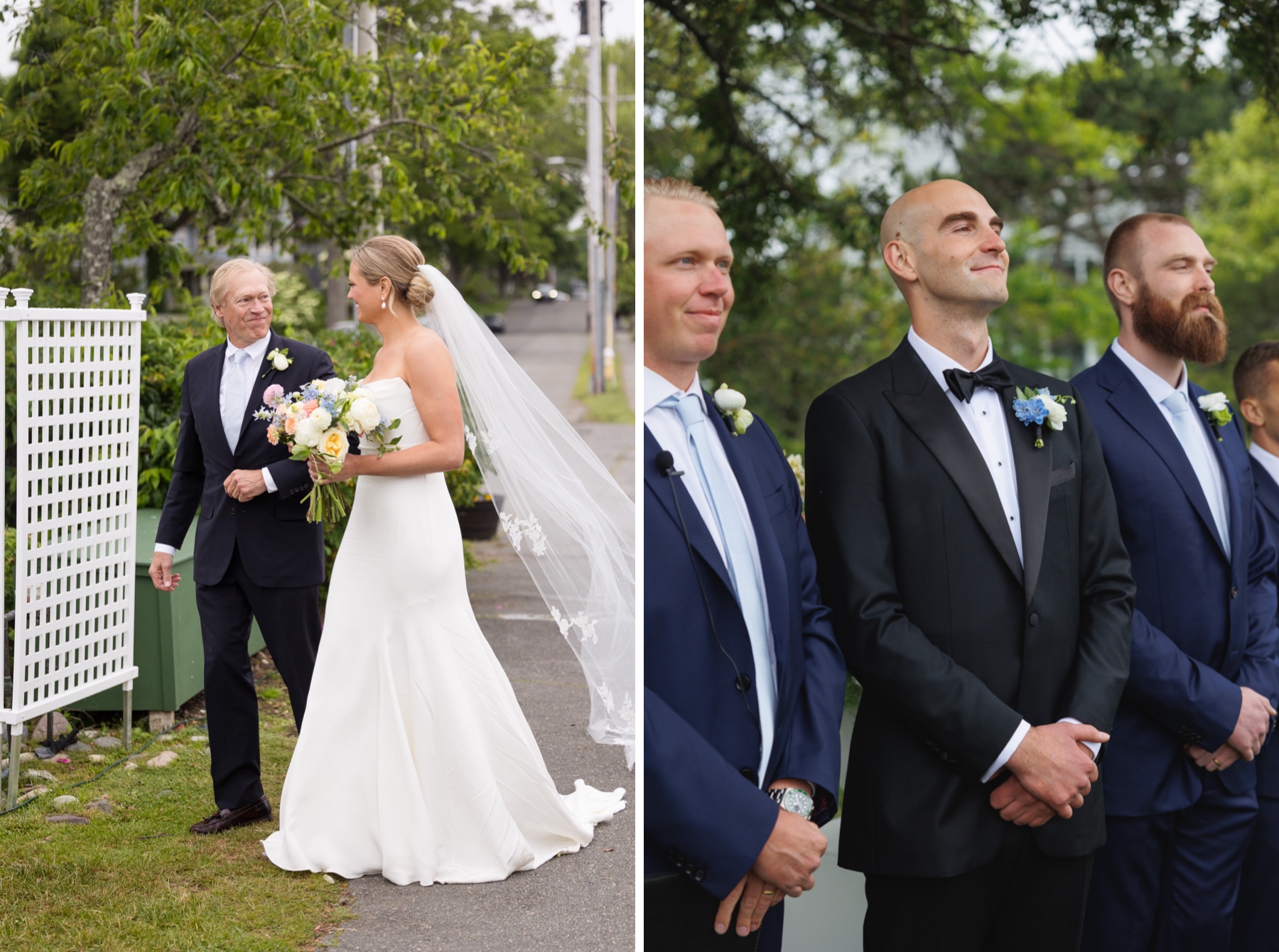 bride walking down the aisle as groom smiles