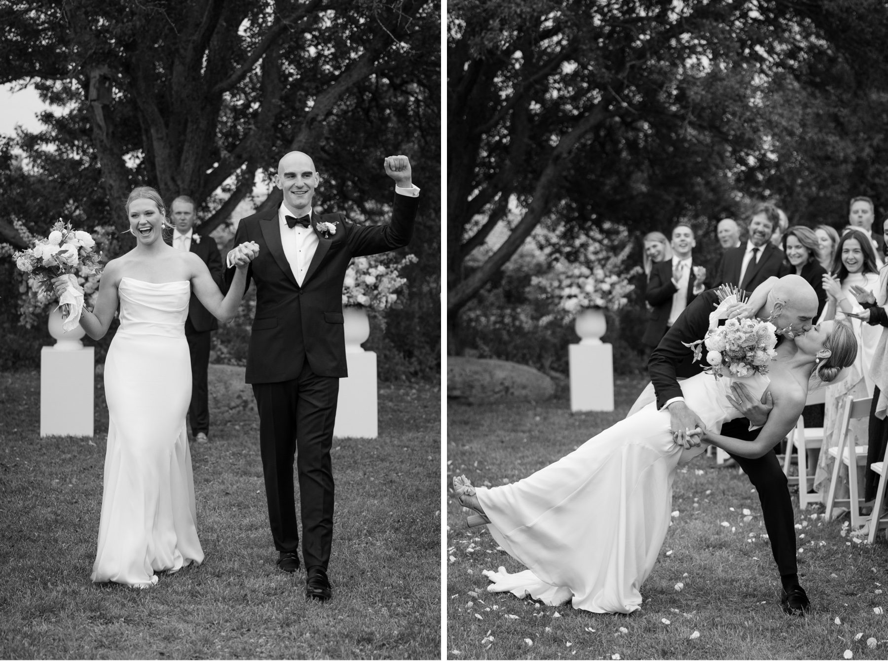 bride and groom walking back up the aisle and kissing