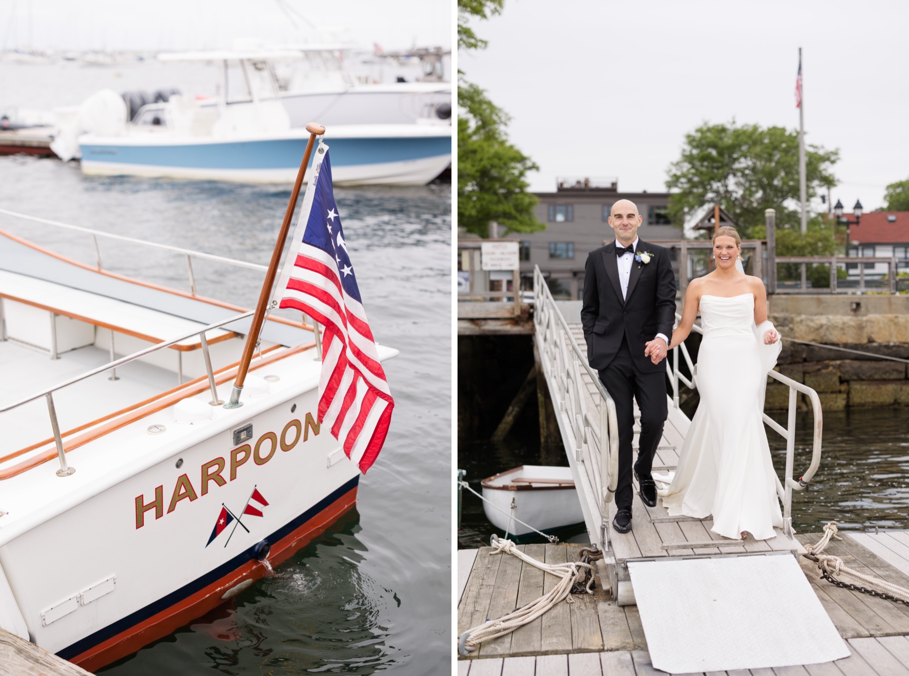 bride and groom walking down a gang plank to their boat