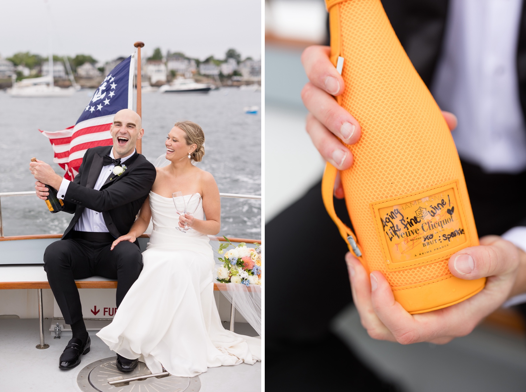 bride and groom drinking champagne on the back of the boat