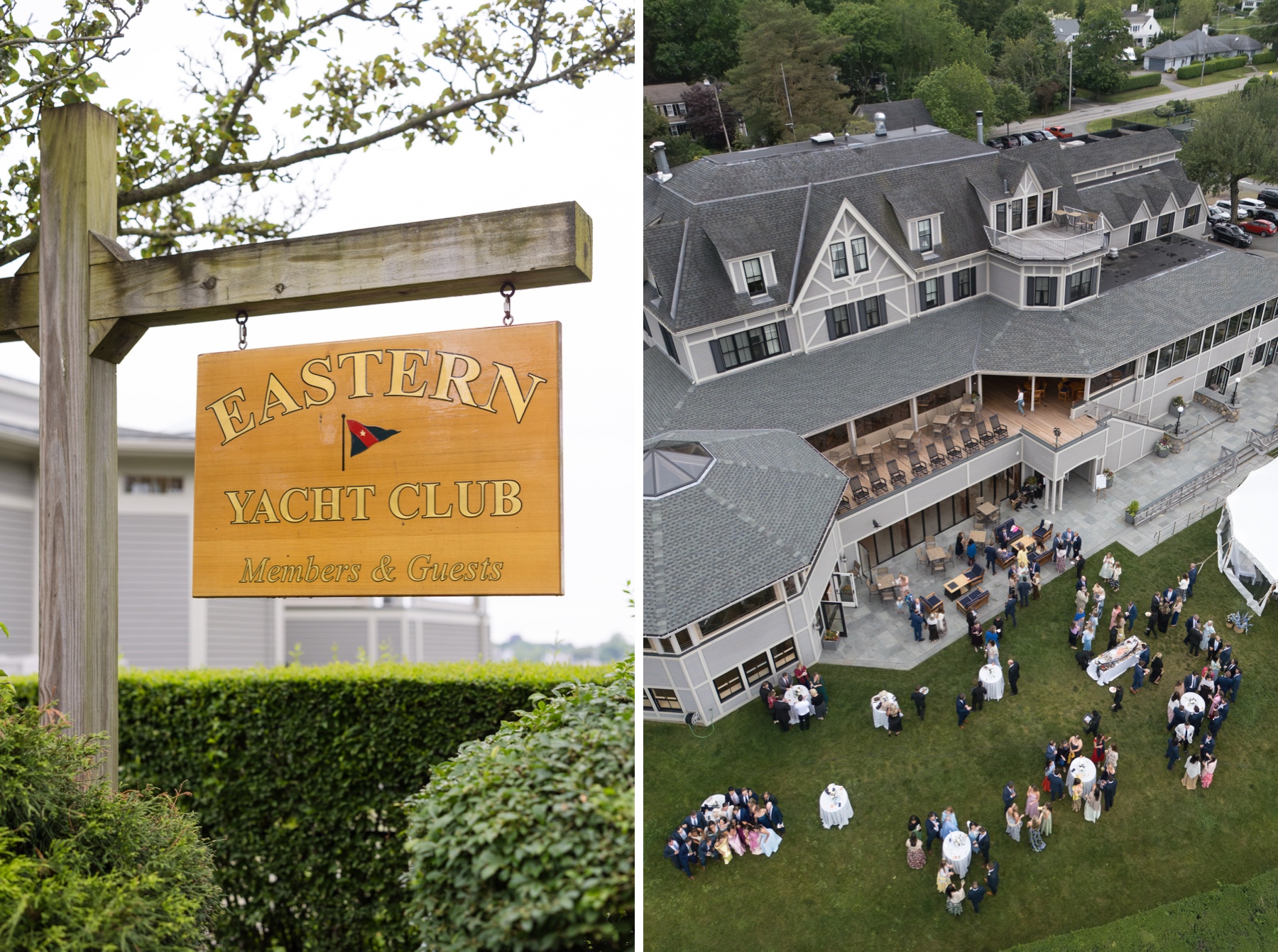 close up detail shot of the eastern yacht club entrance and an aerial photo of the back lawn