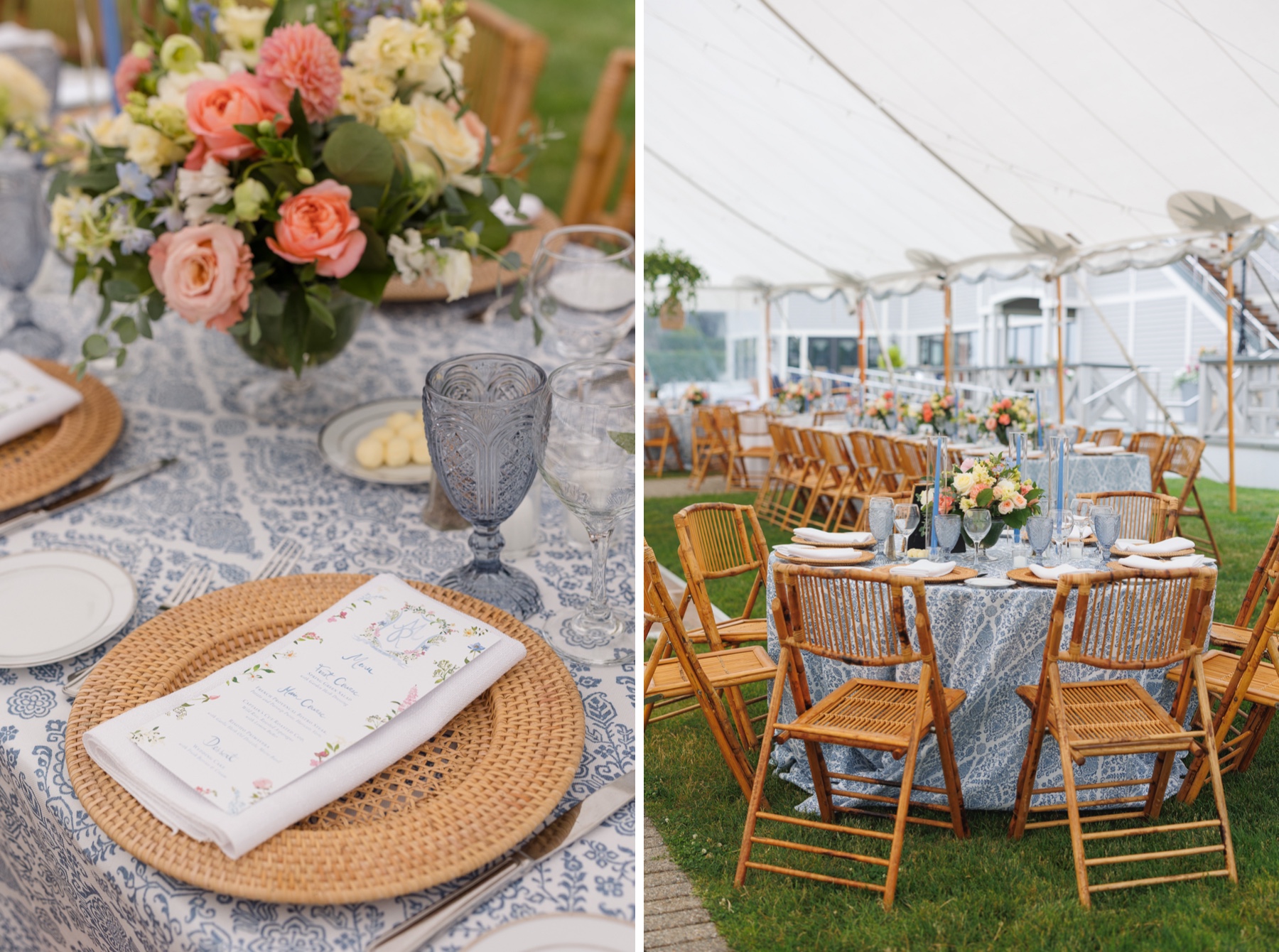 reception tables covered in blue pattern linens and rattan decor