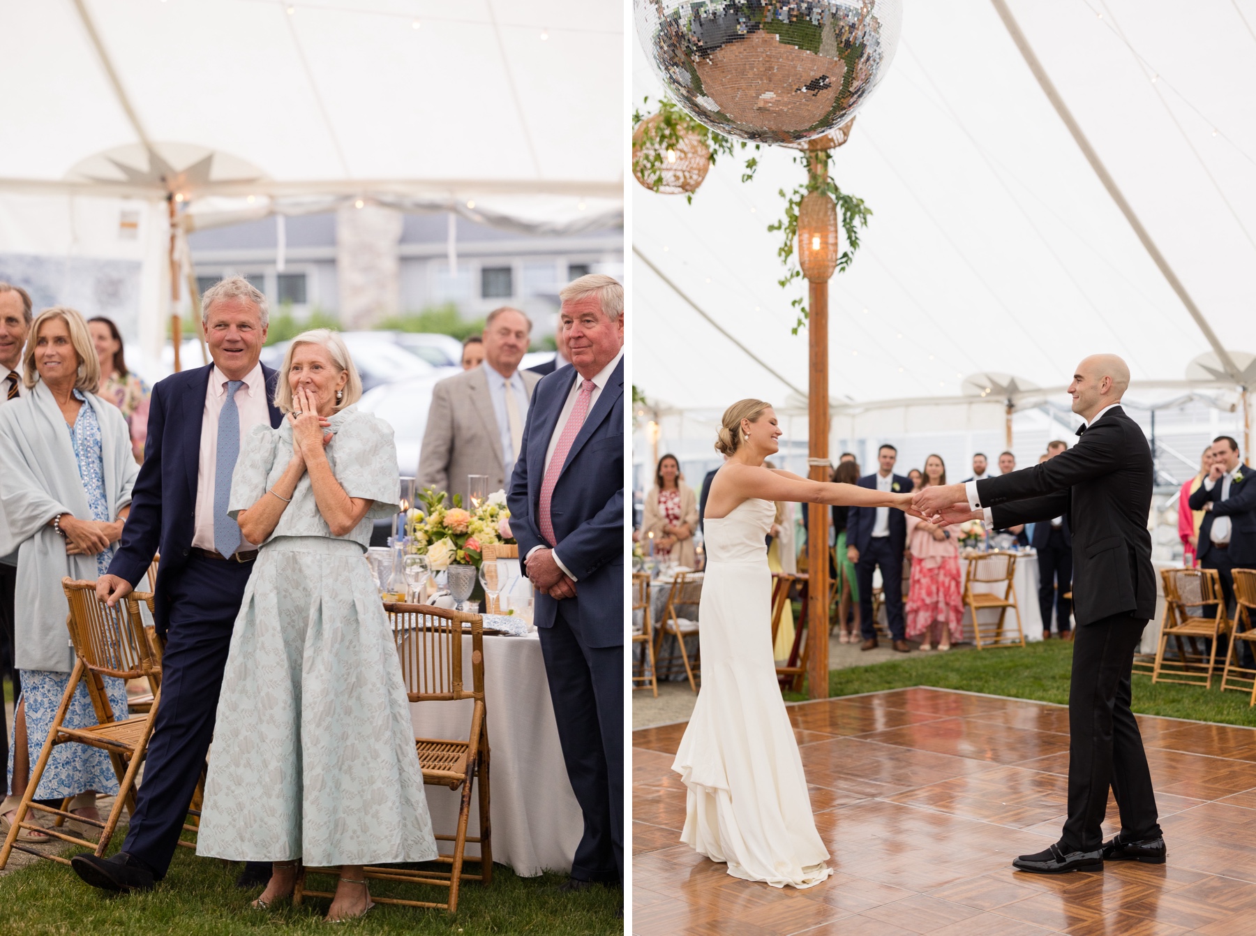 bride and groom during their first dance at the tented reception