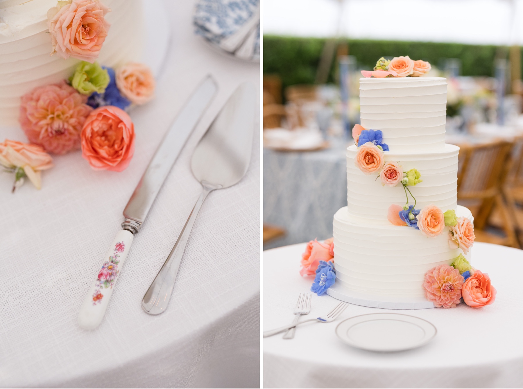 a white wedding cake with orange and blue flowers