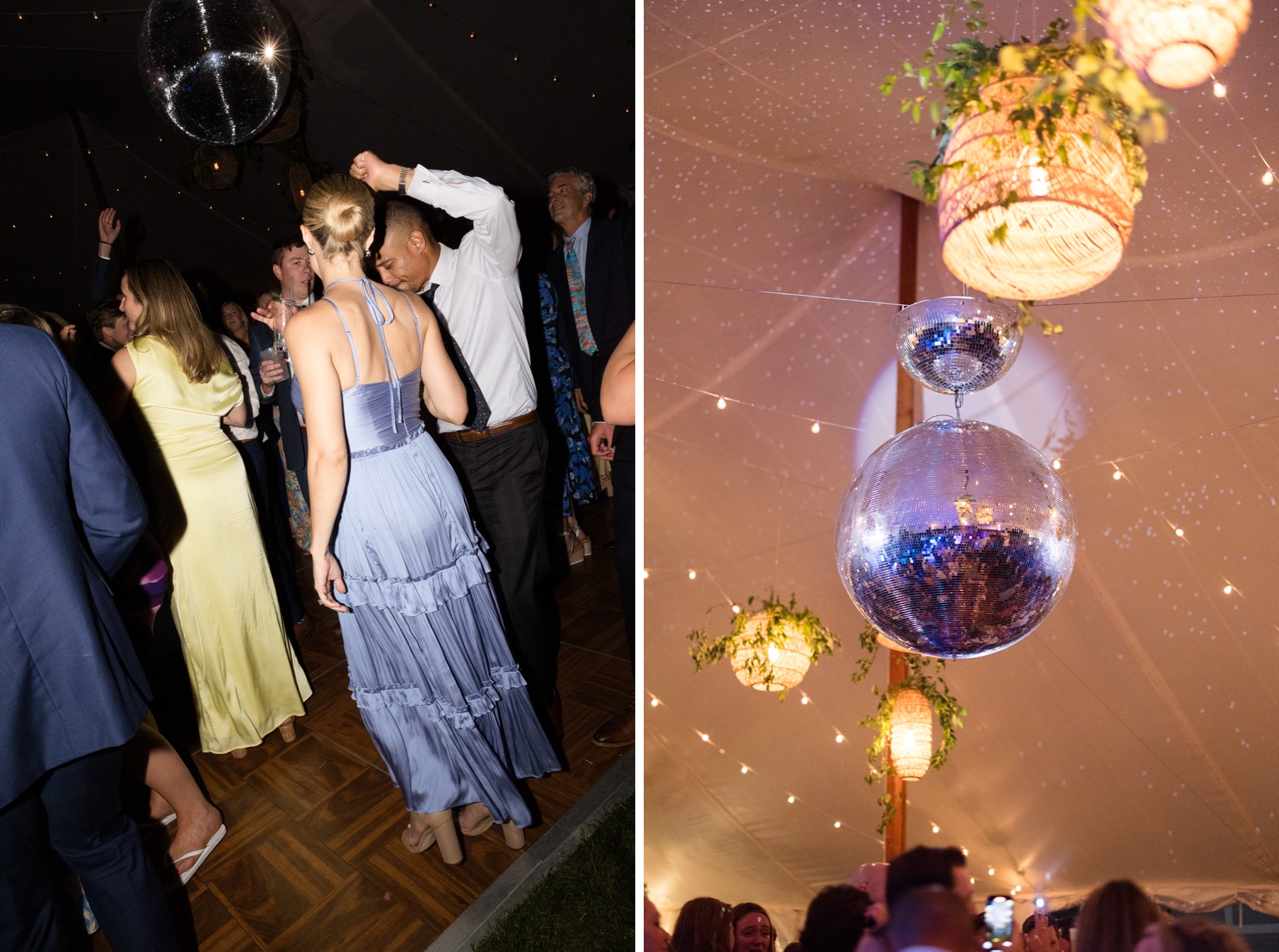 guests dancing at wedding reception and a detail shot of disco balls hanging in the tent