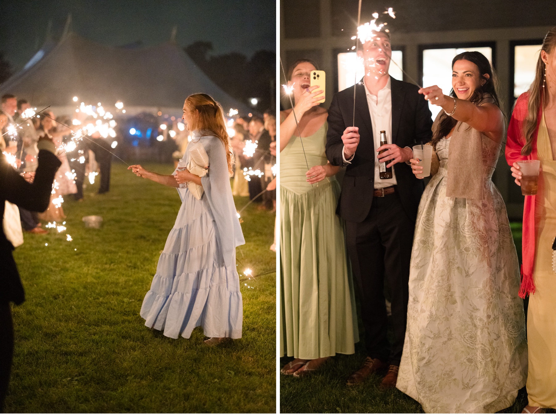 wedding guests lighting sparklers on the lawn